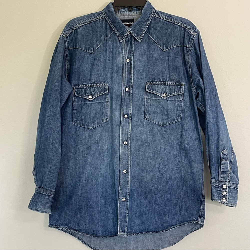 Men’s Denim Shirt Kenvelo Size Medium Pearl Snaps w/ Grey Marbling